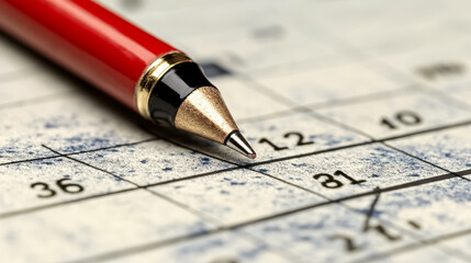 A close-up of a red pen resting on a calendar, highlighting specific dates, symbolizing planning and organization.