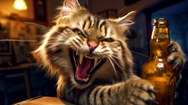 Drunk anthropomorphic cat in a bar holding a bottle of beer, getting angry