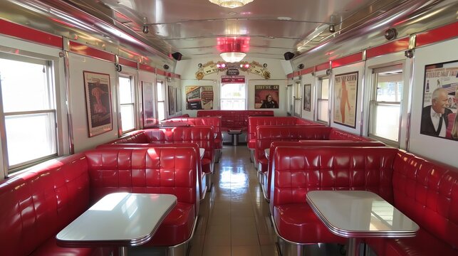 A retro diner interior with red booths and tables, evoking a nostalgic dining experience.