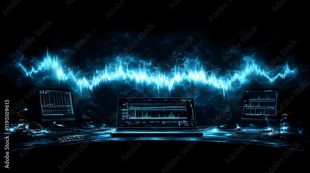 Poster high-tech digital sound waves visualization over multiple monitors in a dark environment with glowin