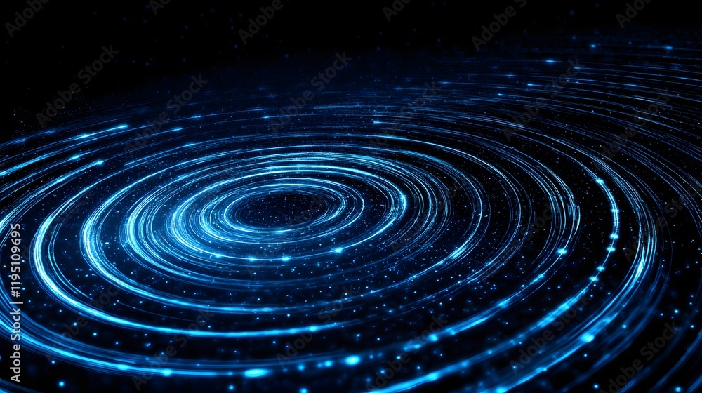 Poster abstract cosmic background with glowing blue spirals and light trails creating an ethereal atmospher