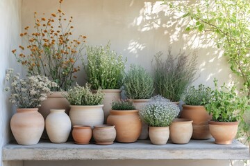 Decorating a terrace with many plants growing in terracotta pots