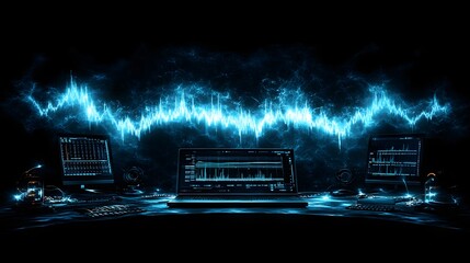 High-Tech Digital Sound Waves Visualization Over Multiple Monitors in a Dark Environment with Glowing Blue Elements and Innovative Sound Analysis Tools