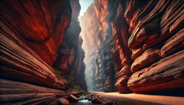 A narrow canyon with towering walls of red rock