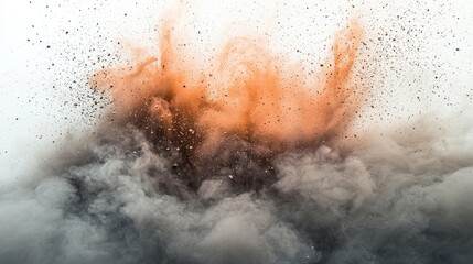 Fototapeta premium A mesmerizing explosion of vibrant dust and smoke bursts forth, enveloping the air in swirling clouds of orange and gray. The moment captures the raw power of nature's artistry