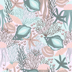Marine print, shells, sand, pearls, scallop, coastal nature seamless pattern, ocean waves, underwater world. Vector illustration, pastel colors.
