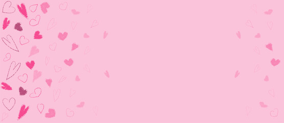 Pink crayon brush heart paint pattern. Abstract hand drawn Valentine day side border with chalk material. Cute pastel texture for 14 February. Lipstick or marker paintbrush love design with frame.