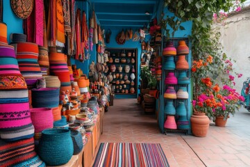 Colorful traditional mexican handicrafts displayed in a local mexican souvenir shop