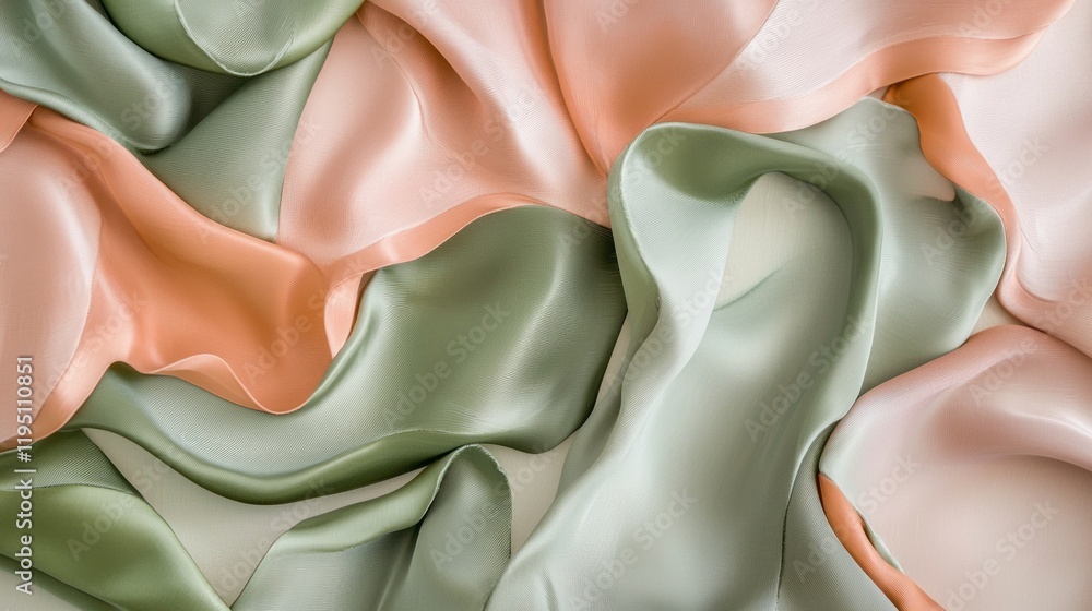 Poster delicate silk forms intertwine in shades of sage and peach, capturing the essence of movement and so