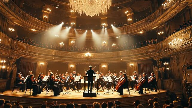 An elegant orchestra performing under stunning chandeliers.