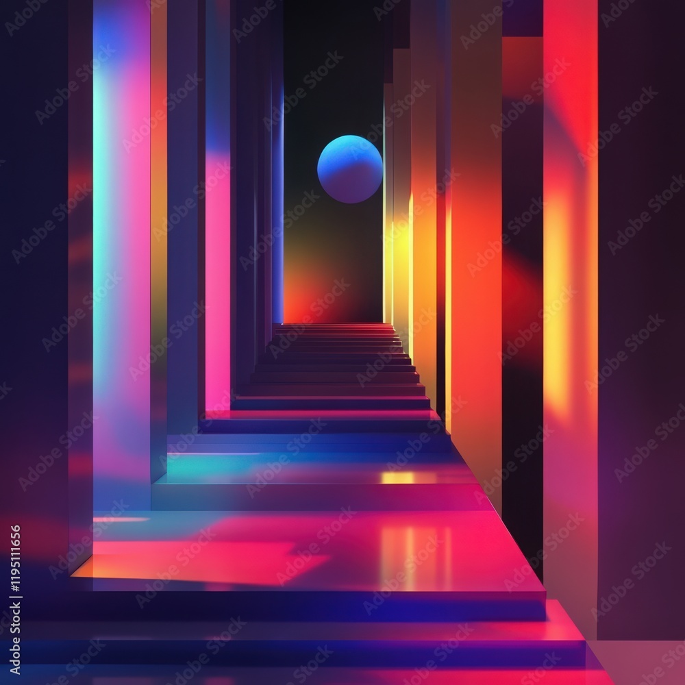 Poster abstract colorful staircase with a floating blue sphere in a dark tunnel