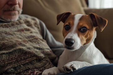 Obraz premium Jack Russell terrier sitting close to owner in cozy indoor setting during relaxed afternoon