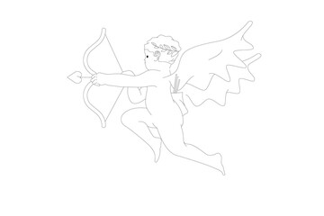 Angel baby cupid illustration. Isolated vintage cute cherub drawing, retro little angel with bow and arrow in doodle line art tattoo style for poster, placard or wedding invitation design.