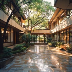 Fototapeta premium Serene Courtyard with Sunlit Pathways and Lush Greenery in Modern Architectural Design
