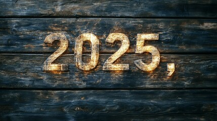 Illuminated wooden numerals on dark wood; 2025.