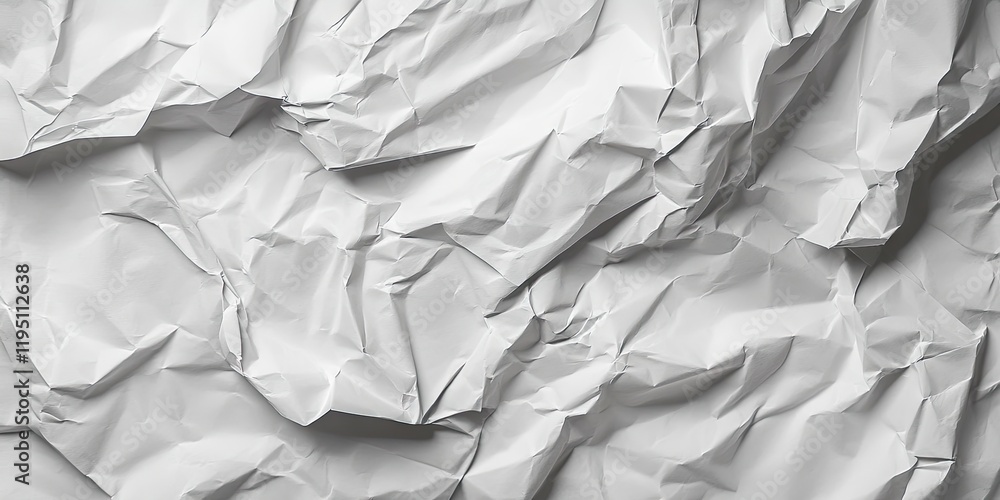Poster crumpled gray and white paper texture with deep wrinkles and creases filling the image frame, creati