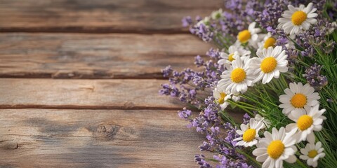 Obraz premium Delicate white daisies and lavender flowers arranged on rustic wooden background with soft natural lighting highlighting the vibrant colors.