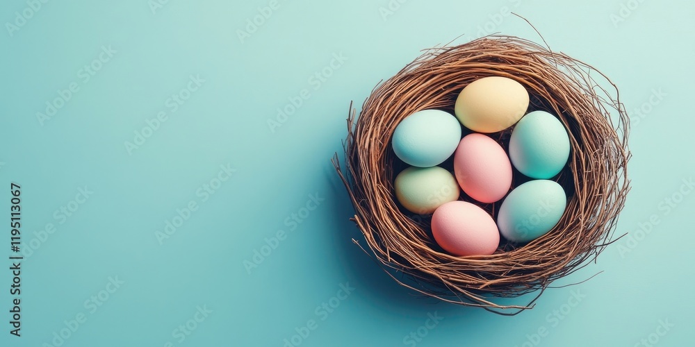 Aufkleber colorful pastel easter eggs in a decorative nest against a soft blue background centered in the imag