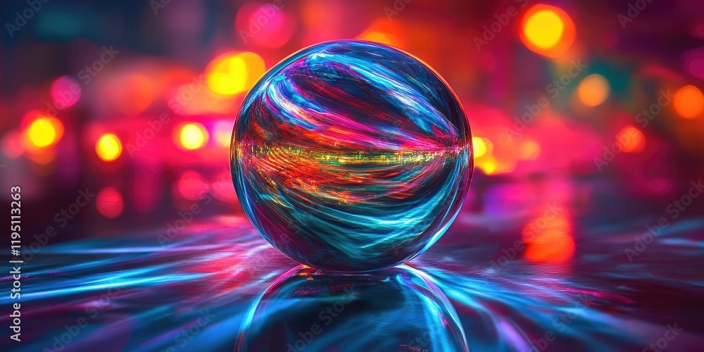 Poster colorful light streaks in vibrant blues and reds emanate from a central crystal ball on a reflective