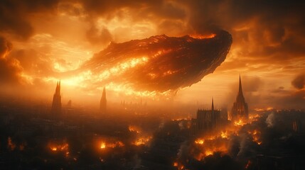 Fiery spaceship crashes into medieval city.