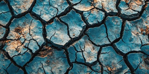 Dry cracked earth texture showcasing blue and brown tones, intricate patterns of parched ground representing drought impact and global warming effects.