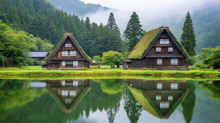 Fototapeta premium The quiet beauty of Ouchi-juku, where the traditional houses and natural surroundings provide a glimpse into Japans past.