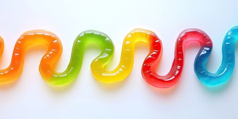 Naklejka premium Colorful gummy jelly snakes in a wavy line featuring orange, yellow, green, red, and blue tones on a white background with ample copy space