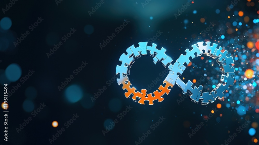 Poster infinity symbol made from puzzle pieces with dynamic light trails