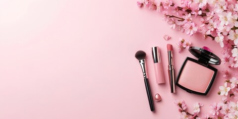 Soft pink background featuring a professional makeup flatlay with brushes, lipsticks, and powder, complemented by delicate spring flowers on top.