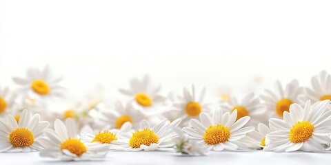 Obraz premium Daisy flowers with white petals and yellow centers scattered across a soft white background blurred for depth of field effect