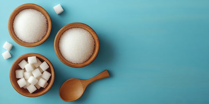 Arrangement of crystal white sugar and lump sugar in wooden bowls with a wooden spoon on a blue background with ample copy space for text.