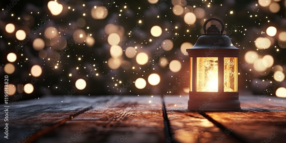 Aufkleber warm glowing christmas lantern on a rustic wooden table with soft bokeh lights in the background cre