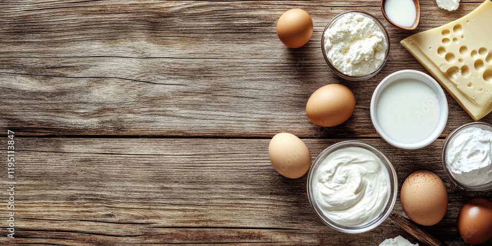 Poster assorted dairy products including eggs sour cream yogurt cheese and milk arranged on a rustic wooden