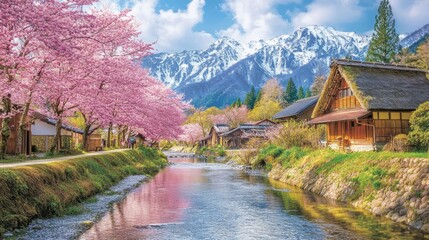 Fototapeta premium The scenic beauty of Ouchi-juku during the cherry blossom season, with pink blooms adorning the villages historical houses.