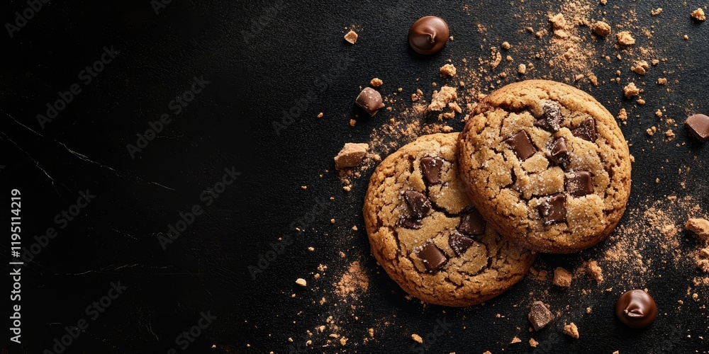 Poster chocolate chip cookies arranged on a textured black background with scattered chocolate chunks and c