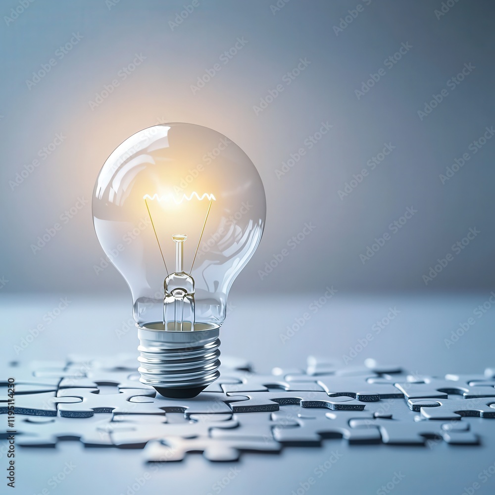 Poster light bulb shining through an open puzzle with interlocked pieces