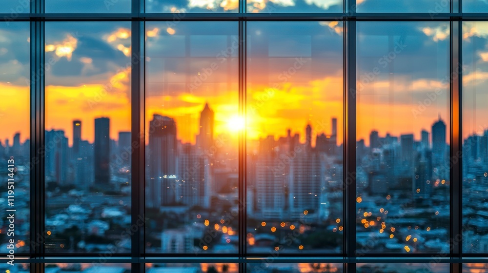 Poster Sunset behind window in a city. Background is blurred