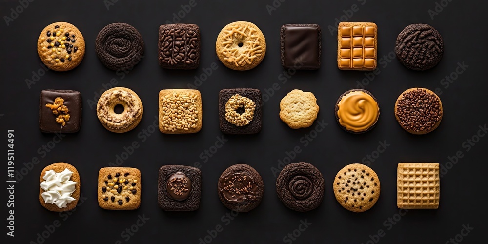 Poster assorted cookies arranged neatly on a black background featuring various colors like brown and gold 