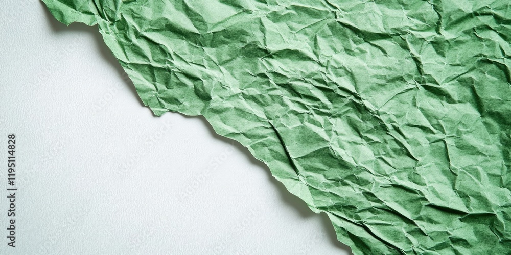 Poster crumpled green paper texture with diagonal torn edge positioned on the top left against a clean whit