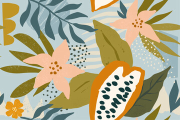Collage contemporary floral seamless pattern. Modern exotic jungle Cocoa beans, flowers and plants illustration in vector.