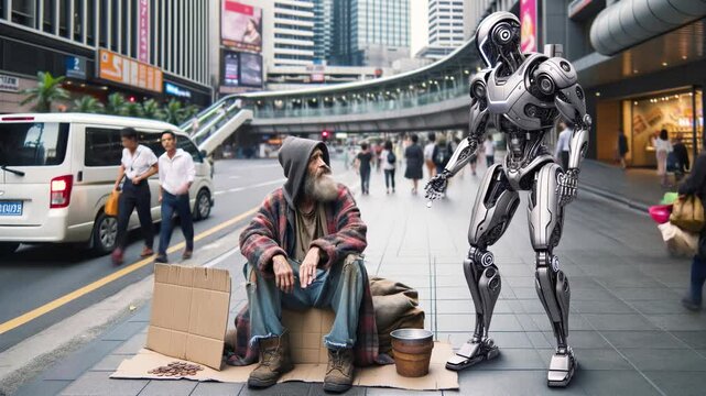Robot offering coins to a homeless man highlights job displacement