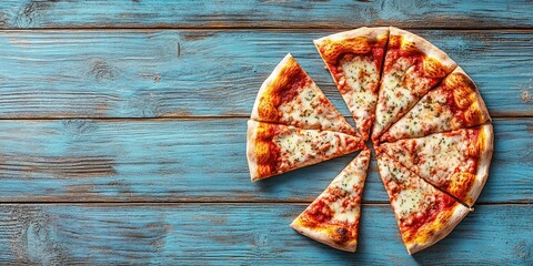 Sliced pizza with cheese and herbs on a rustic blue wooden background, highlighting vibrant colors and ample negative space for text.