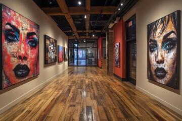 Art gallery displaying modern paintings with exposed brick and wooden beams