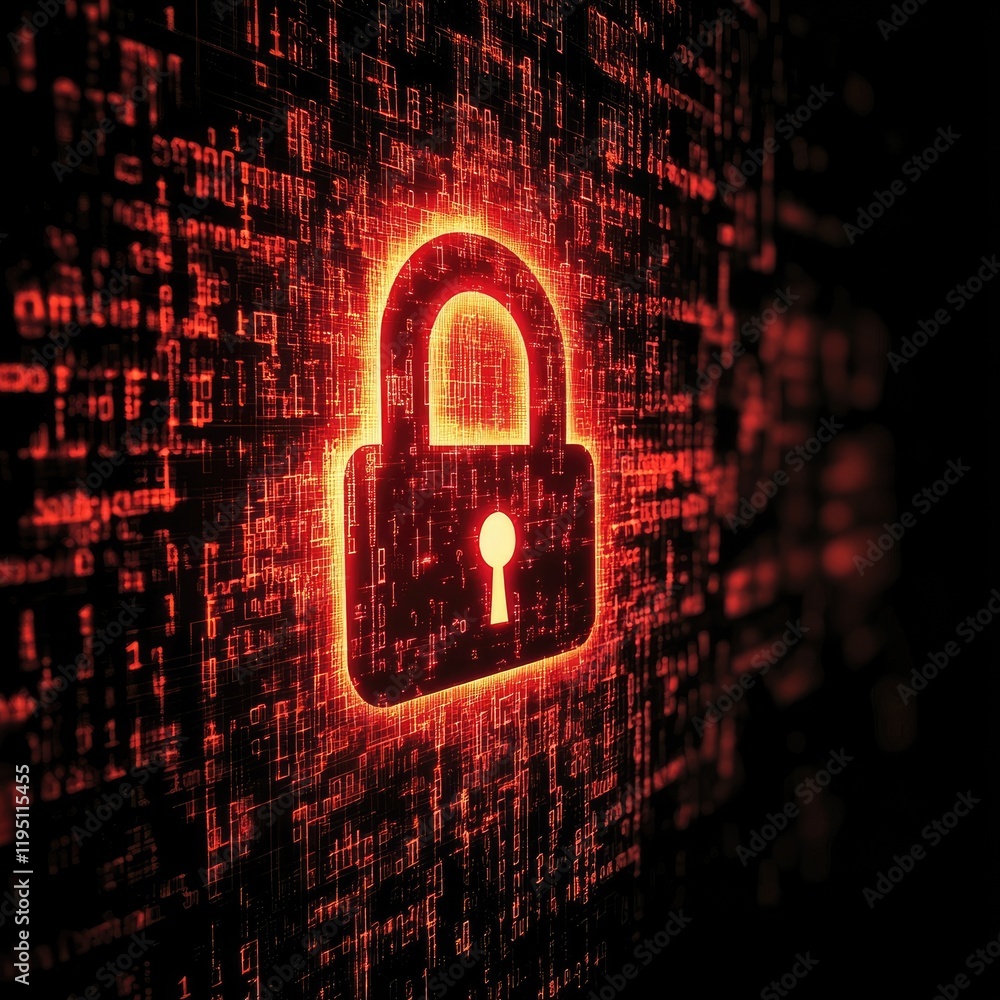 Poster Glowing padlock symbolizing digital security on binary code background