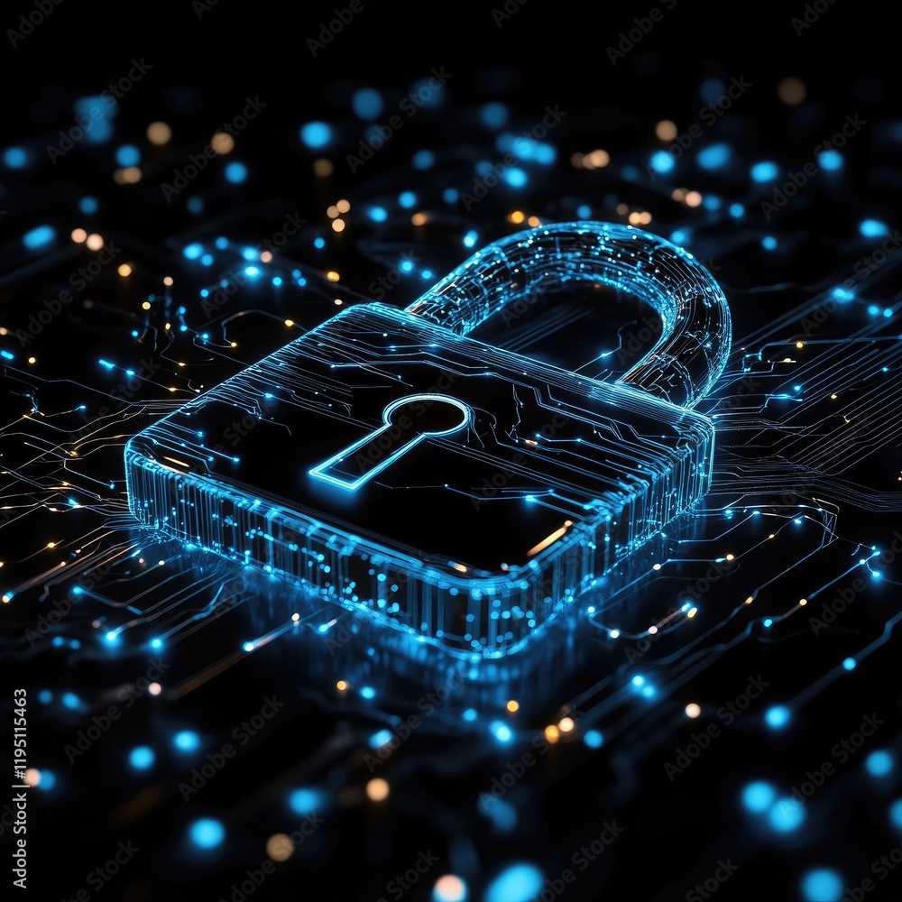 Poster glowing padlock symbolizing digital security in cyberspace