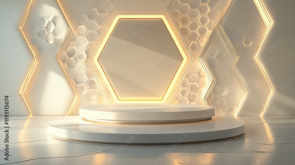 Aufkleber elegant product display with hexagonal backdrops and golden light accents design