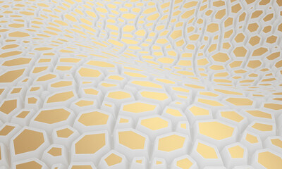 Parametric hexagonal background. White and gold modern wall. 3d rendering illustration. Cells backdrop. Abstract wave wall.