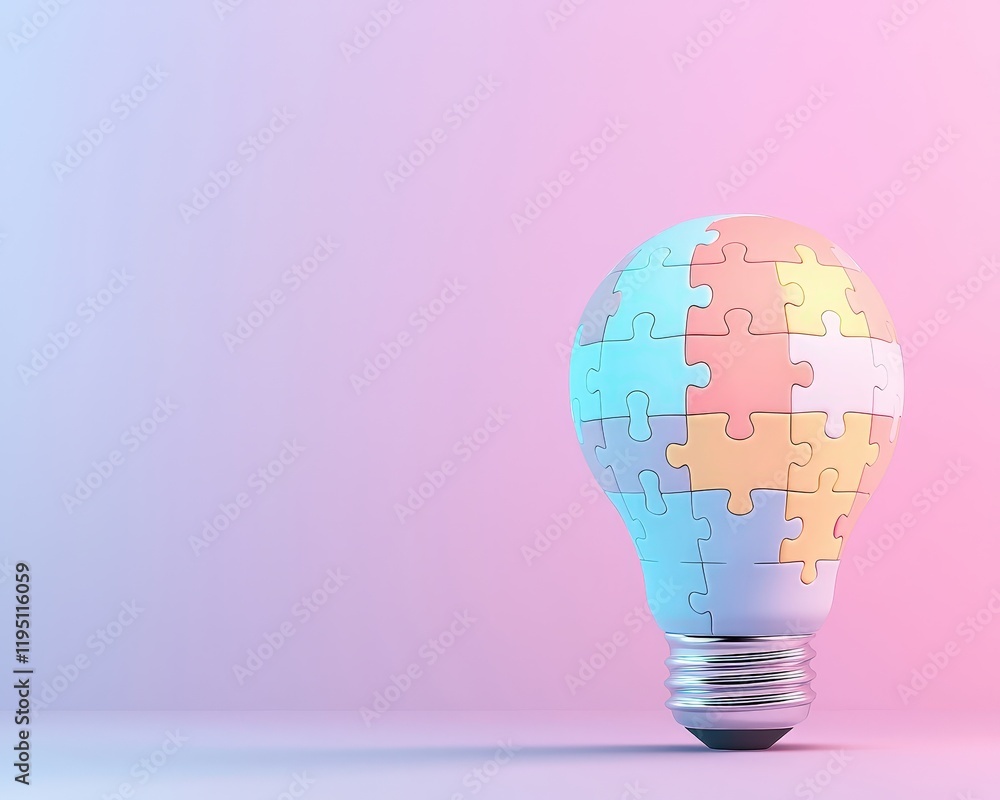 Poster light bulb with puzzle piece patterns glowing in gradient tones