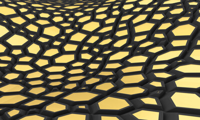 Parametric hexagonal background. Black and gold modern wall. 3d rendering illustration. Dark backdrop. Abstract wave wall.