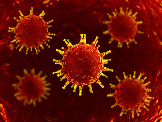Virus illustration. Dangerous virus. Coronavirus, SARS-CoV-2. Inside human body. Medical illustration. Biohazard. 3d illustration. A high resolution. Red and yellow colors.